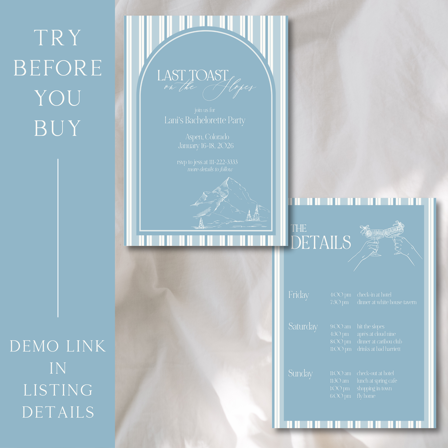 Last Toast on the Slopes Bachelorette Party - Digital Invitation & Itinerary Template