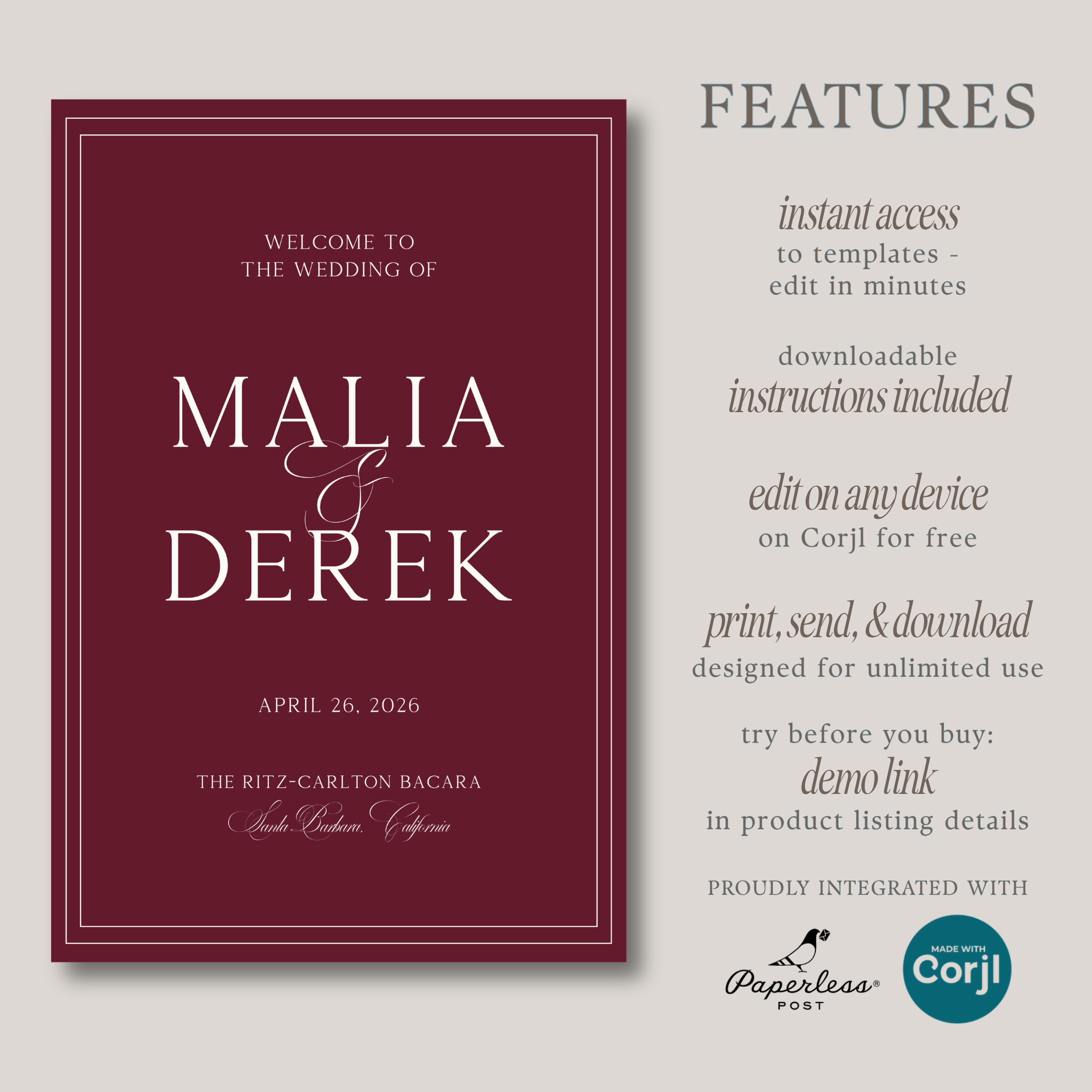 Modern Luxe Welcome Sign in 'Pinot' - Digital Sign Template