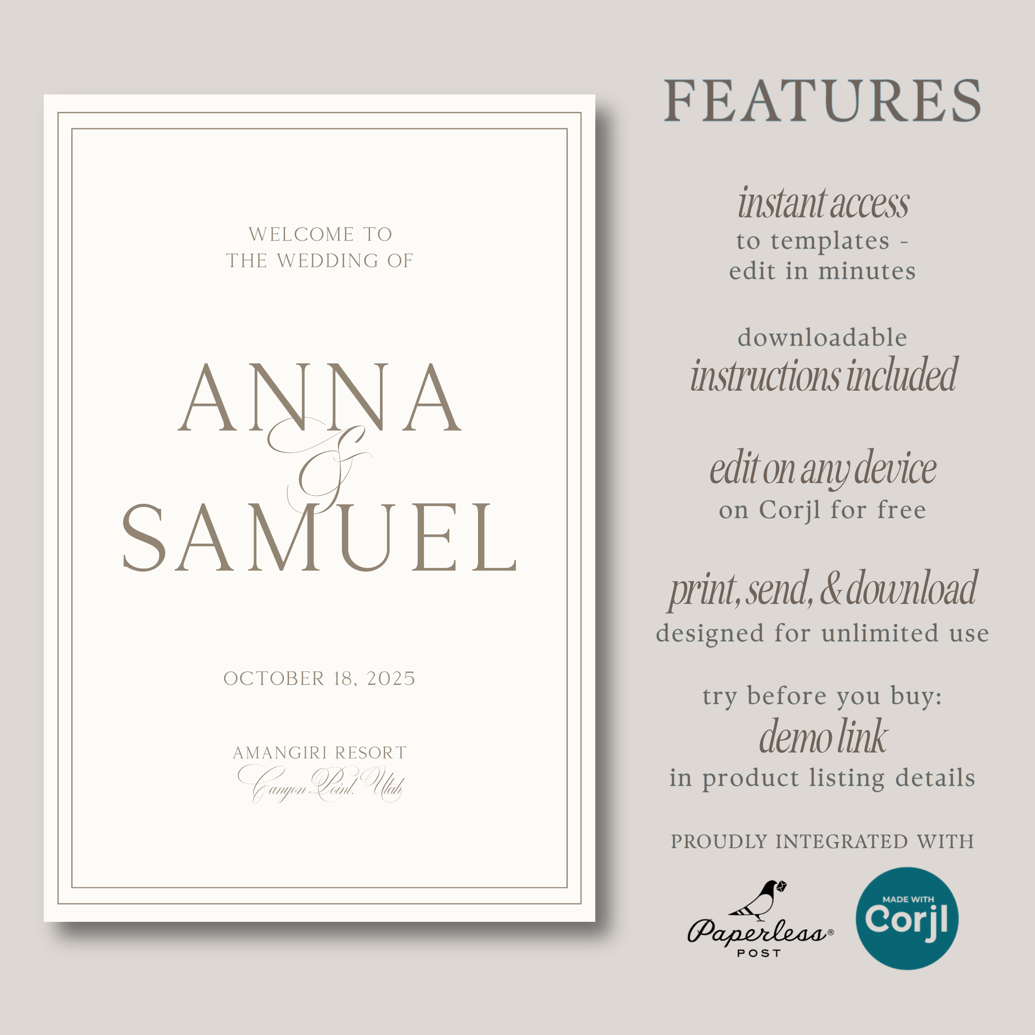 Modern Luxe Welcome Sign in 'Creme' - Digital Sign Template